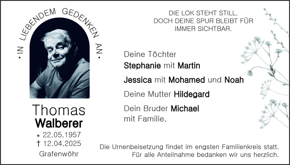 Traueranzeige Thomas Walberer, Grafenwöhr