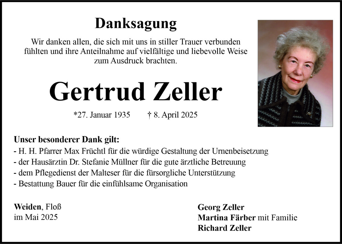 Danksagung Gertrud Zeller, Weiden