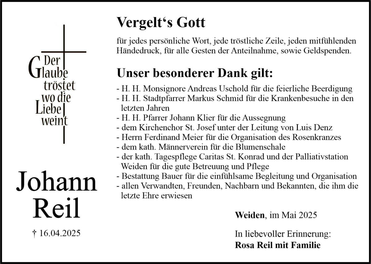 Danksagung Johann Reil, Weiden