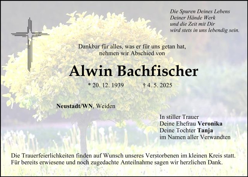 Traueranzeige Alwin Bachfischer, Neustadt/WN