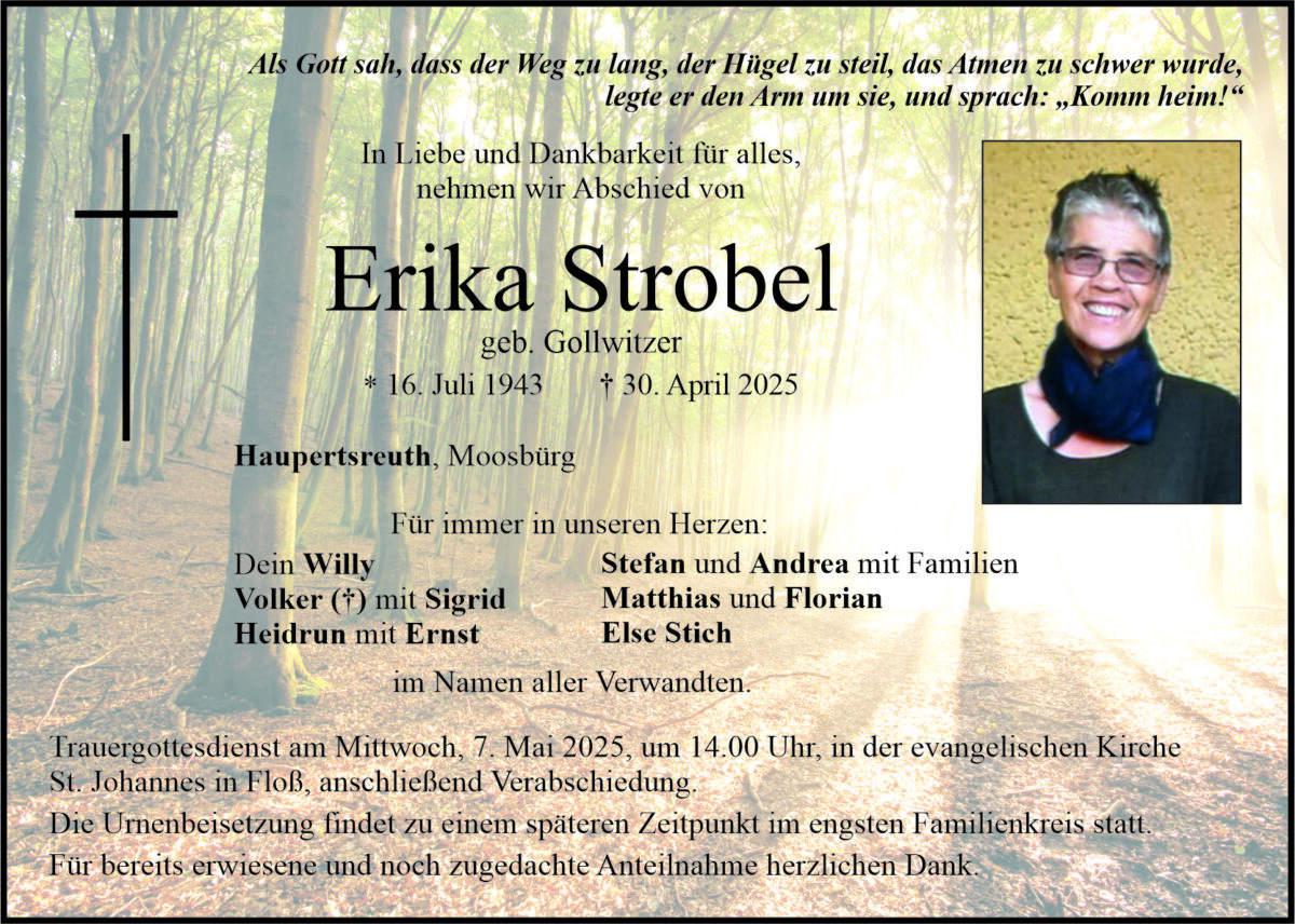 Traueranzeige Erika Strobel, Haupertsreuth, Moosbürg
