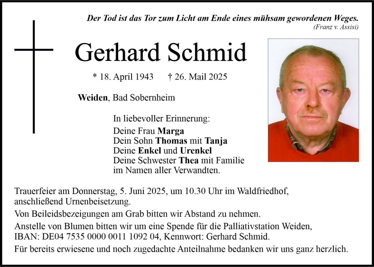 Traueranzeige Gerhard Schmid, Weiden