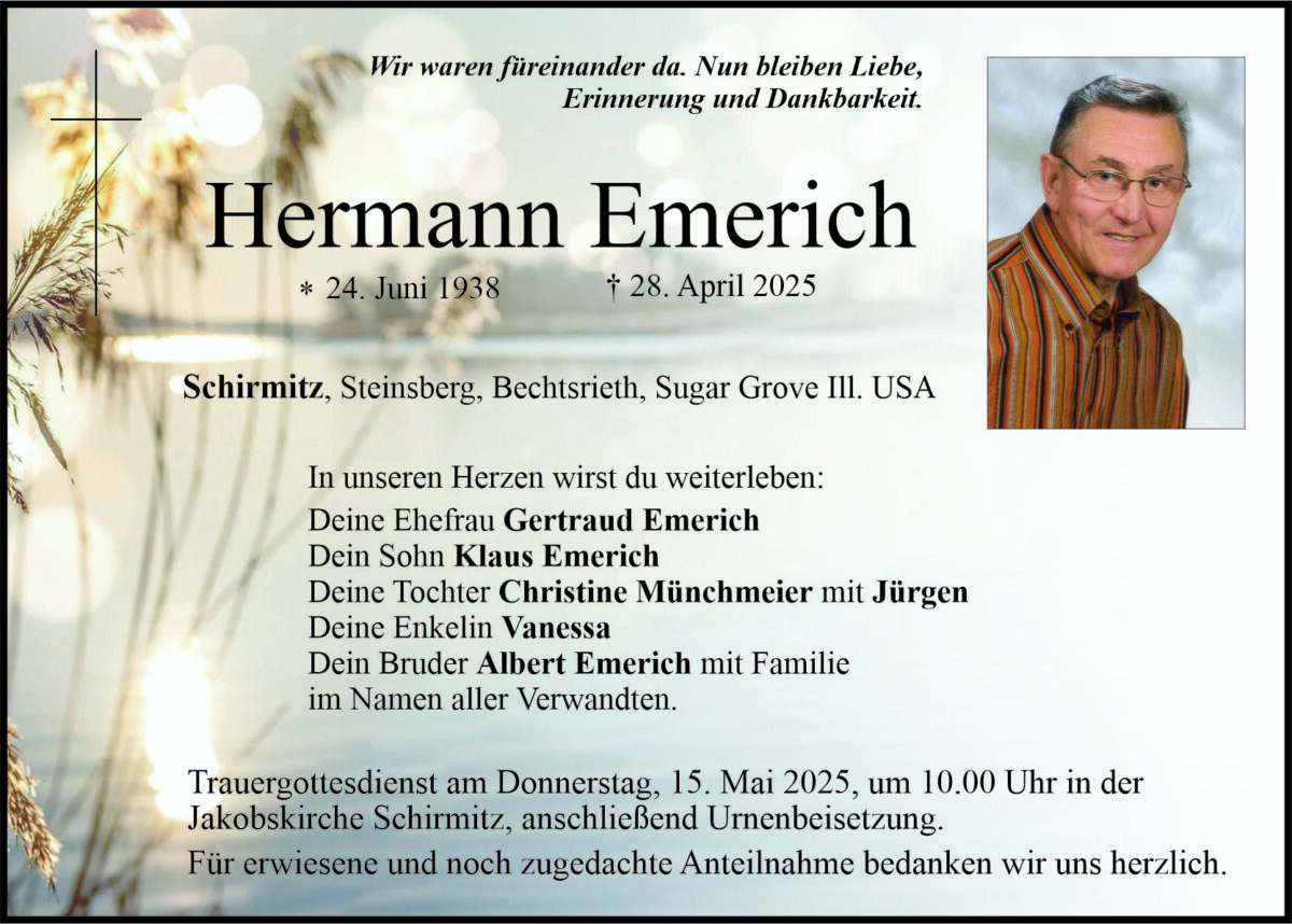 Traueranzeige Hermann Emerich, Schirmitz