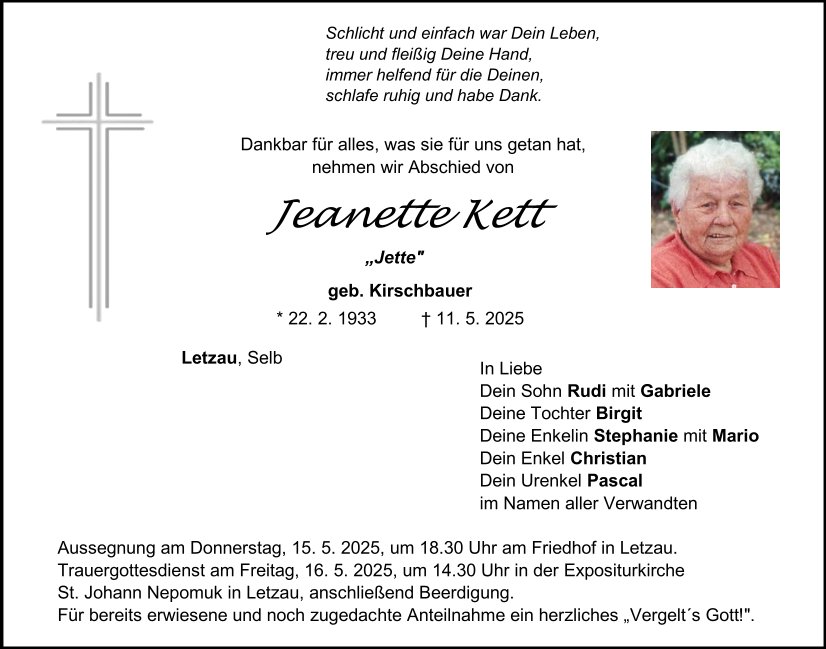 Traueranzeige Jeanette Kett, Letzau