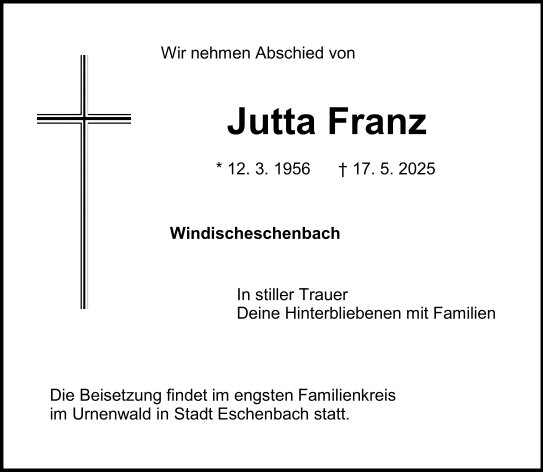 Traueranzeige Jutta Franz, Windischeschenbach