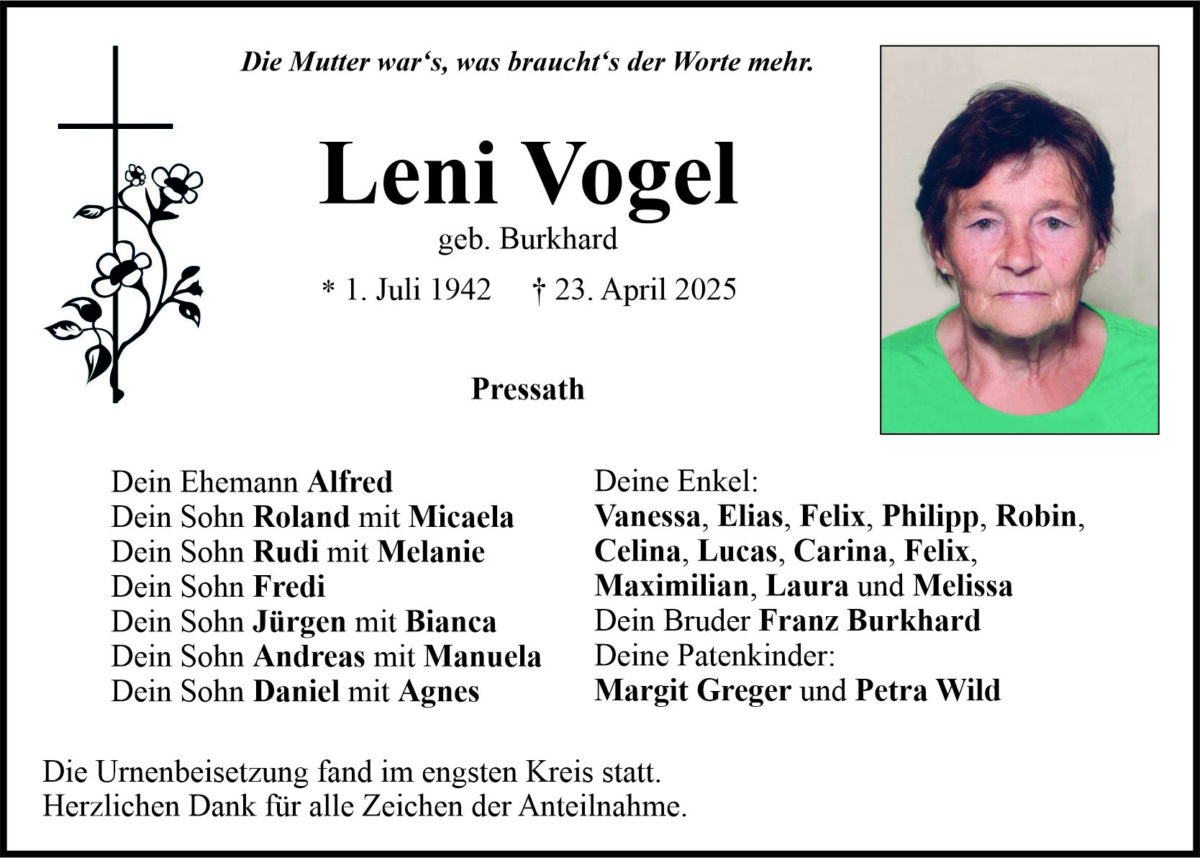 Traueranzeige Leni Vogel, Pressath