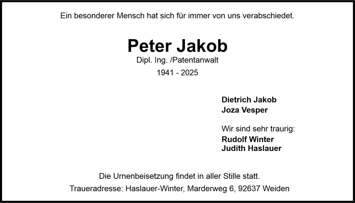 Traueranzeige Peter Jakob, Weiden