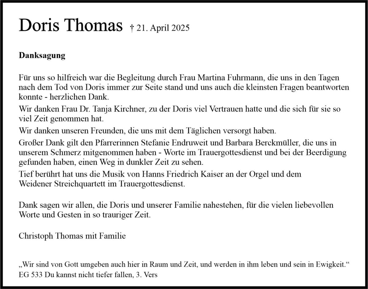 Traueranzeige Doris Thomas, Weiden