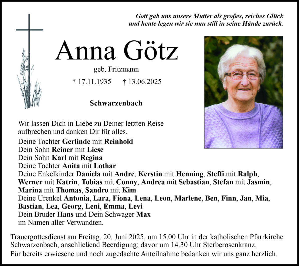 Traueranzeige Anna Götz, Schwarzenbach