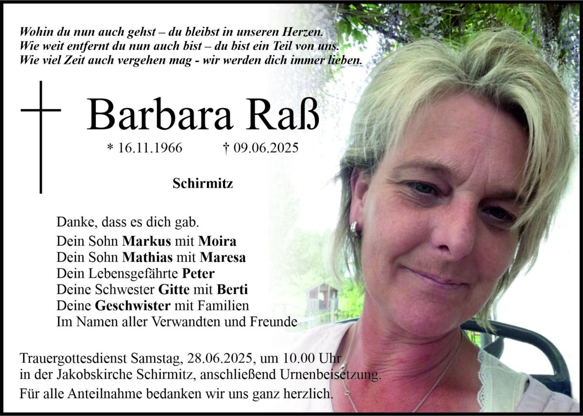Traueranzeige Barbara Raß, Schirmitz