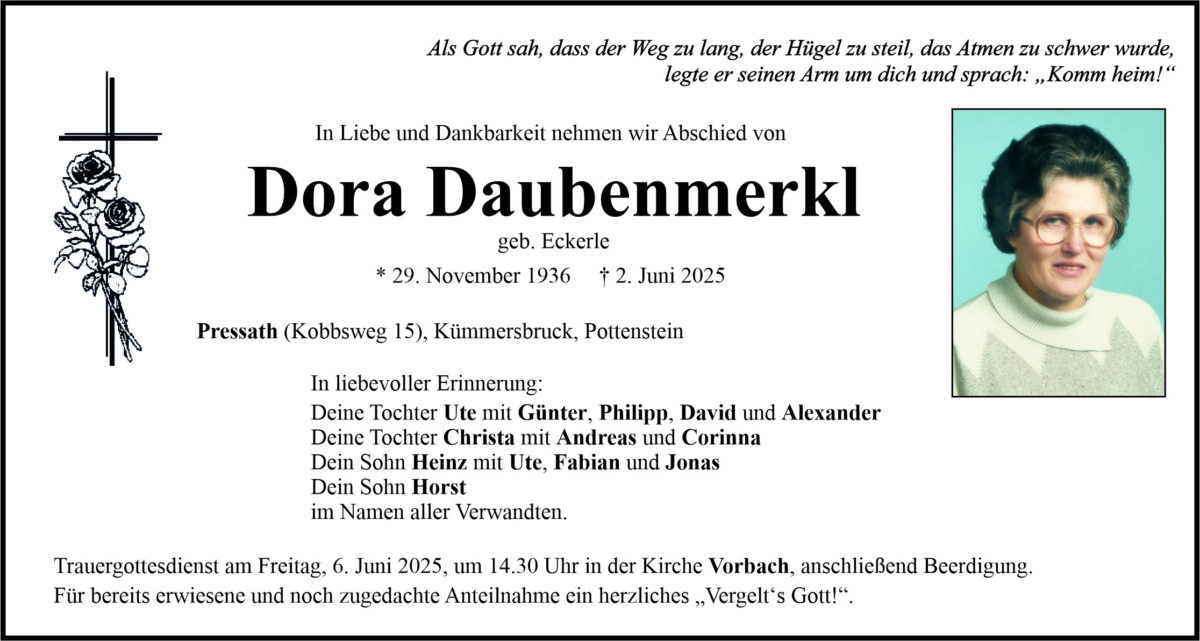 Traueranzeige Dora Daubenmerkl, Pressath