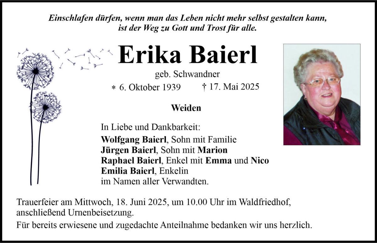 Traueranzeige Erika Baierl, Weiden