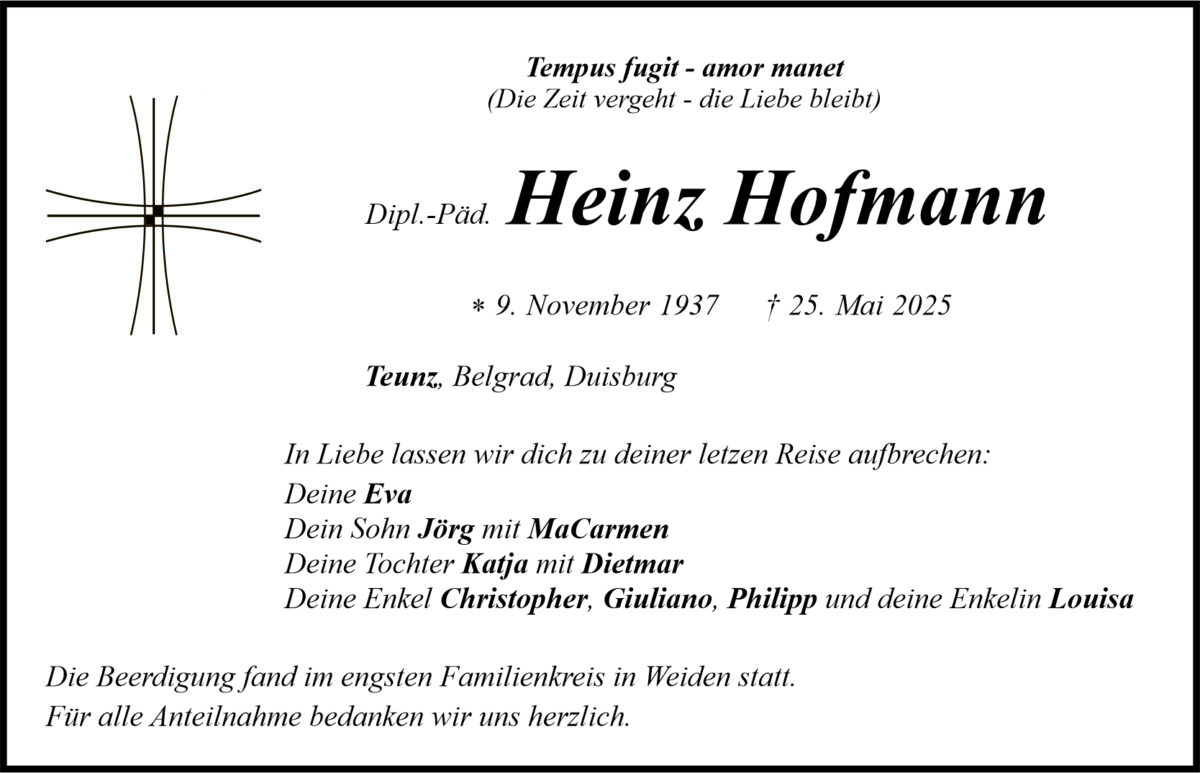 Traueranzeige Heinz Hofmann, Teunz
