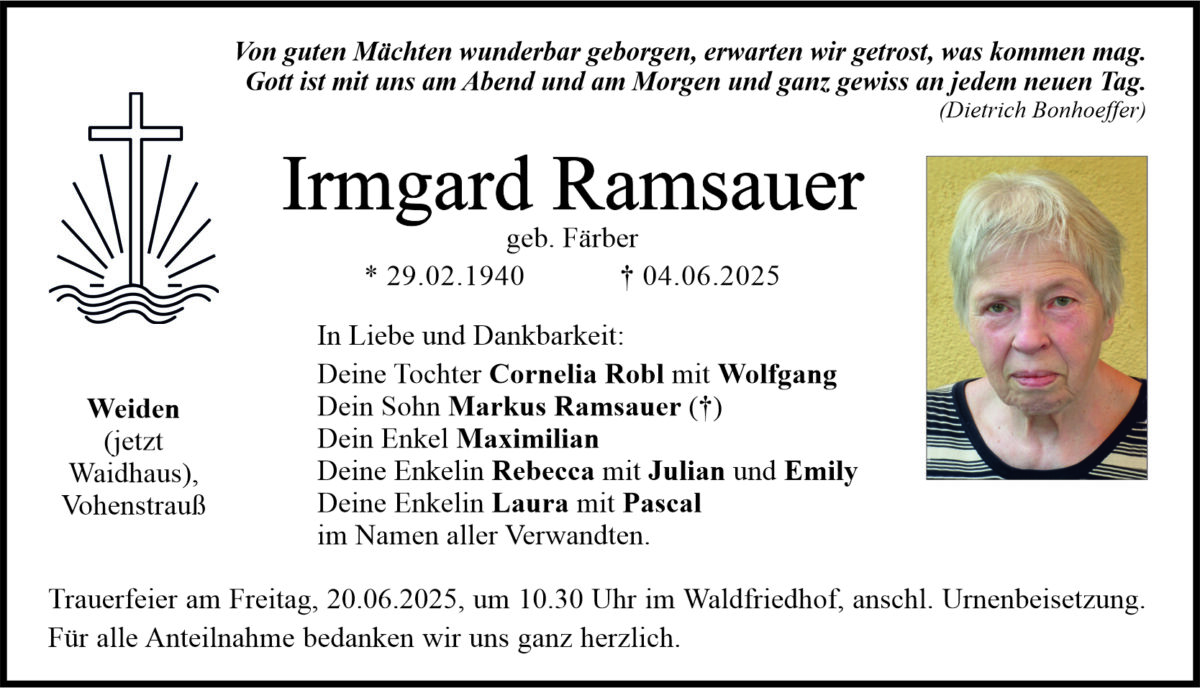 Traueranzeige Irmgard Ramsauer, Weiden