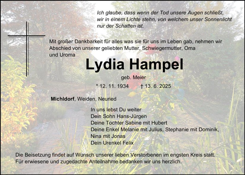 Traueranzeige Lydia Hampel, Michldorf