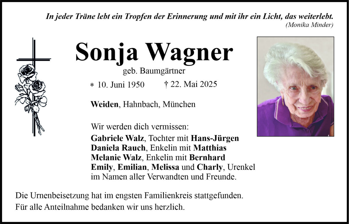 Traueranzeige Sonja Wagner, Weiden