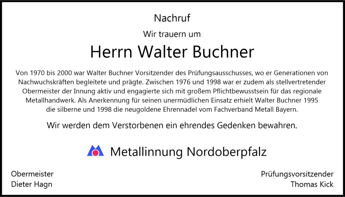 Nachruf Walter Buchner, Weiden