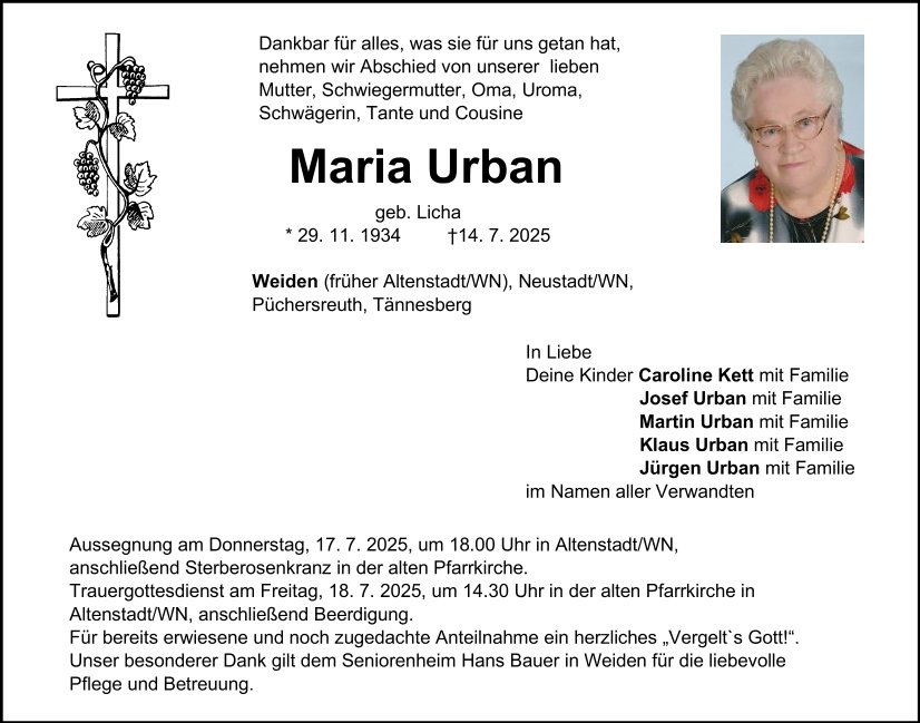 Traueranzeige Maria Urban, Altenstadt/WN