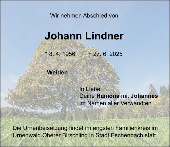 Traueranzeige Johann Lindner, Weiden