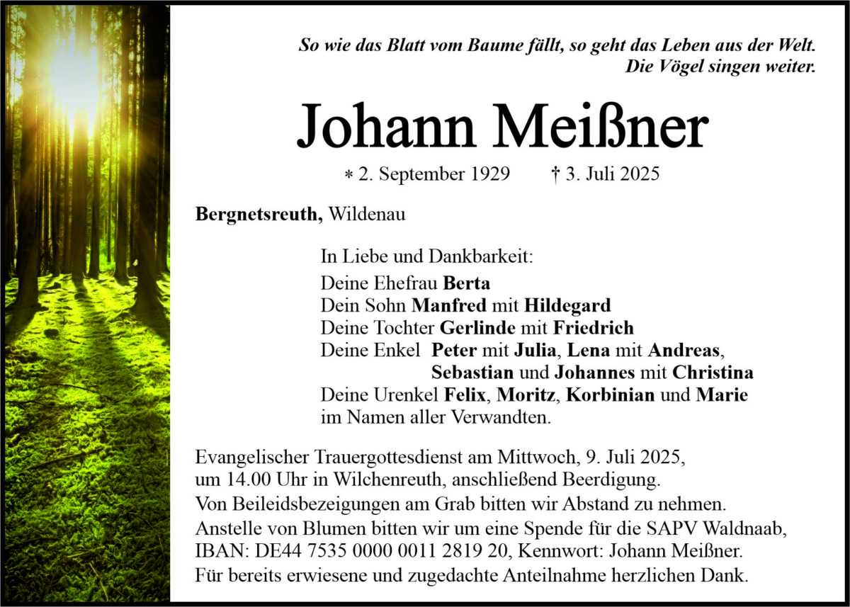 Traueranzeige Johann Meißner, Bergnetsreuth