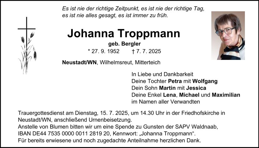 Traueranzeige Johanna Troppmann, Neustadt/WN