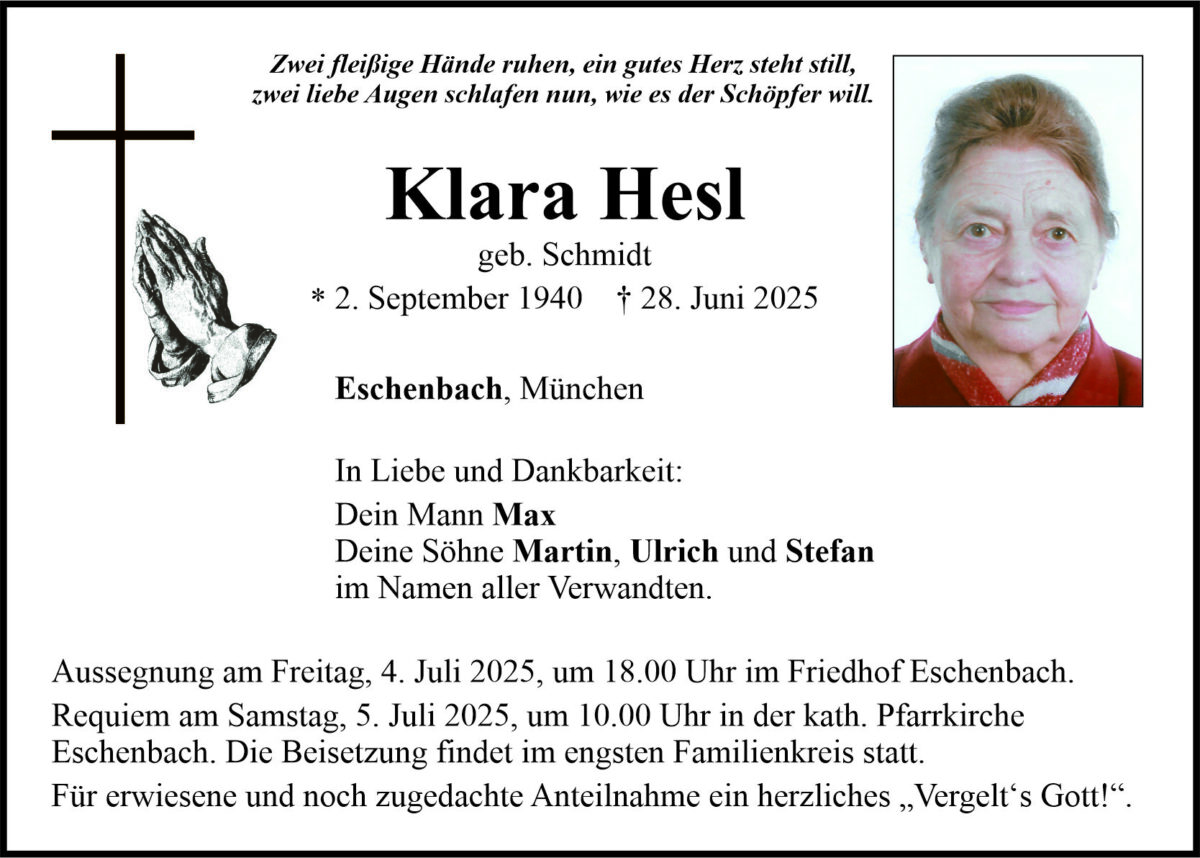Traueranzeige Klara Hesl, Eschenbach