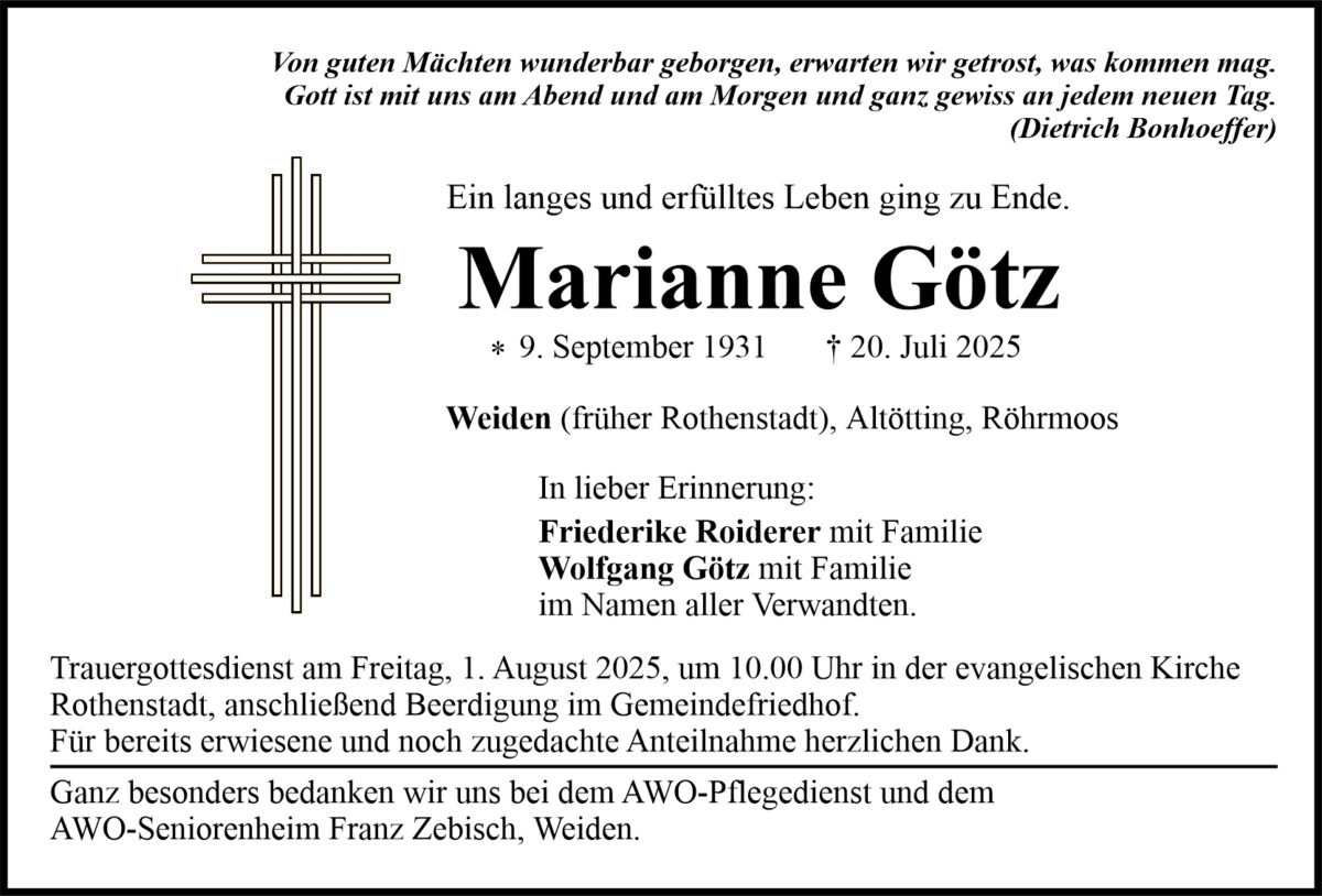 Traueranzeige Marianne Götz, Weiden