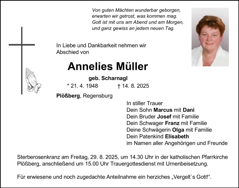 Traueranzeige Annelies Müller, Plößberg