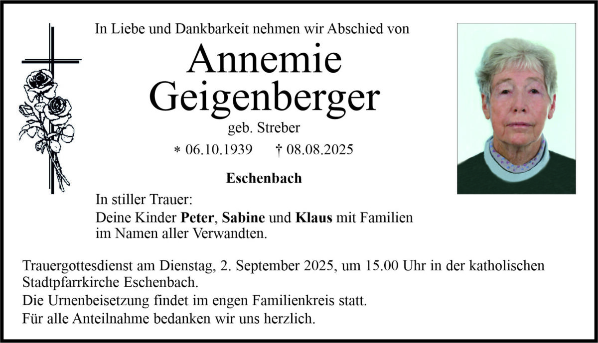Traueranzeige Annemarie Geigenberger, Eschenbach