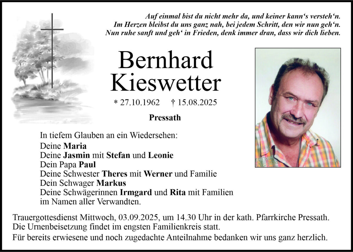 Traueranzeige Bernhard Kieswetter, Pressath