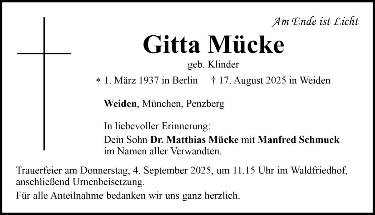 Traueranzeige Gitta Mücke, Weiden