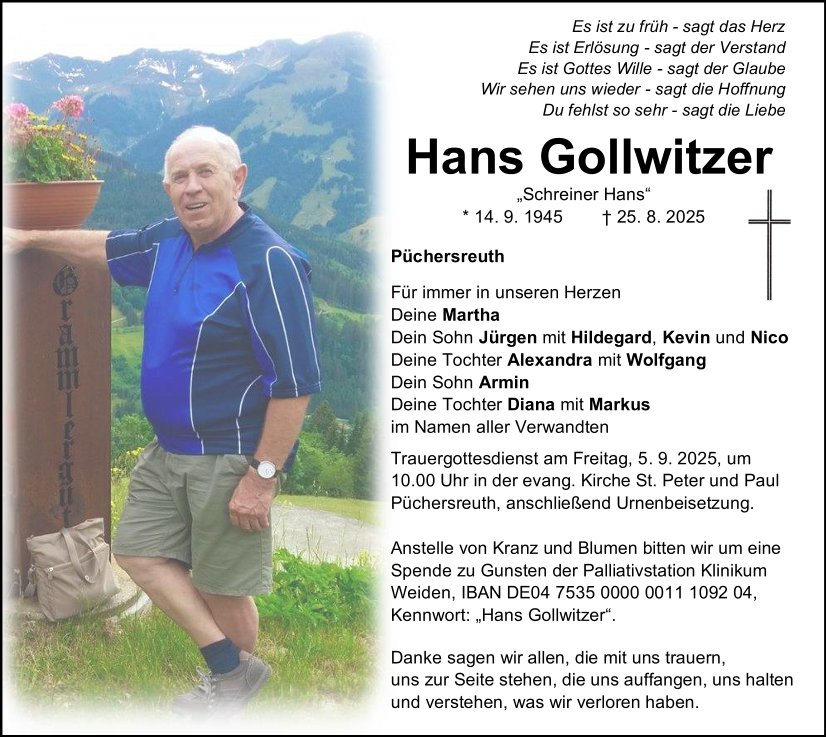 Traueranzeige Hans Gollwitzer, Püchersreuth