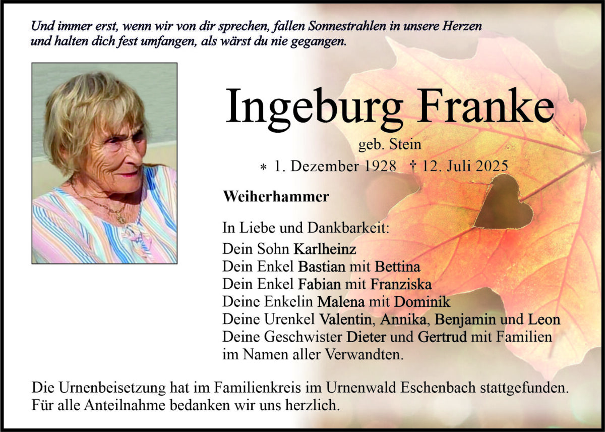 Traueranzeige Ingeburg Franke, Weiherhammer