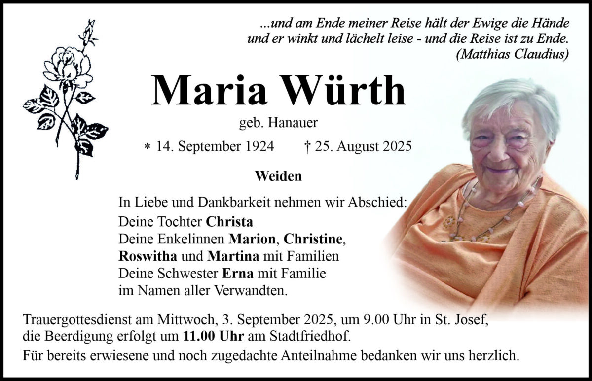 Traueranzeige Maria Würth, Weiden