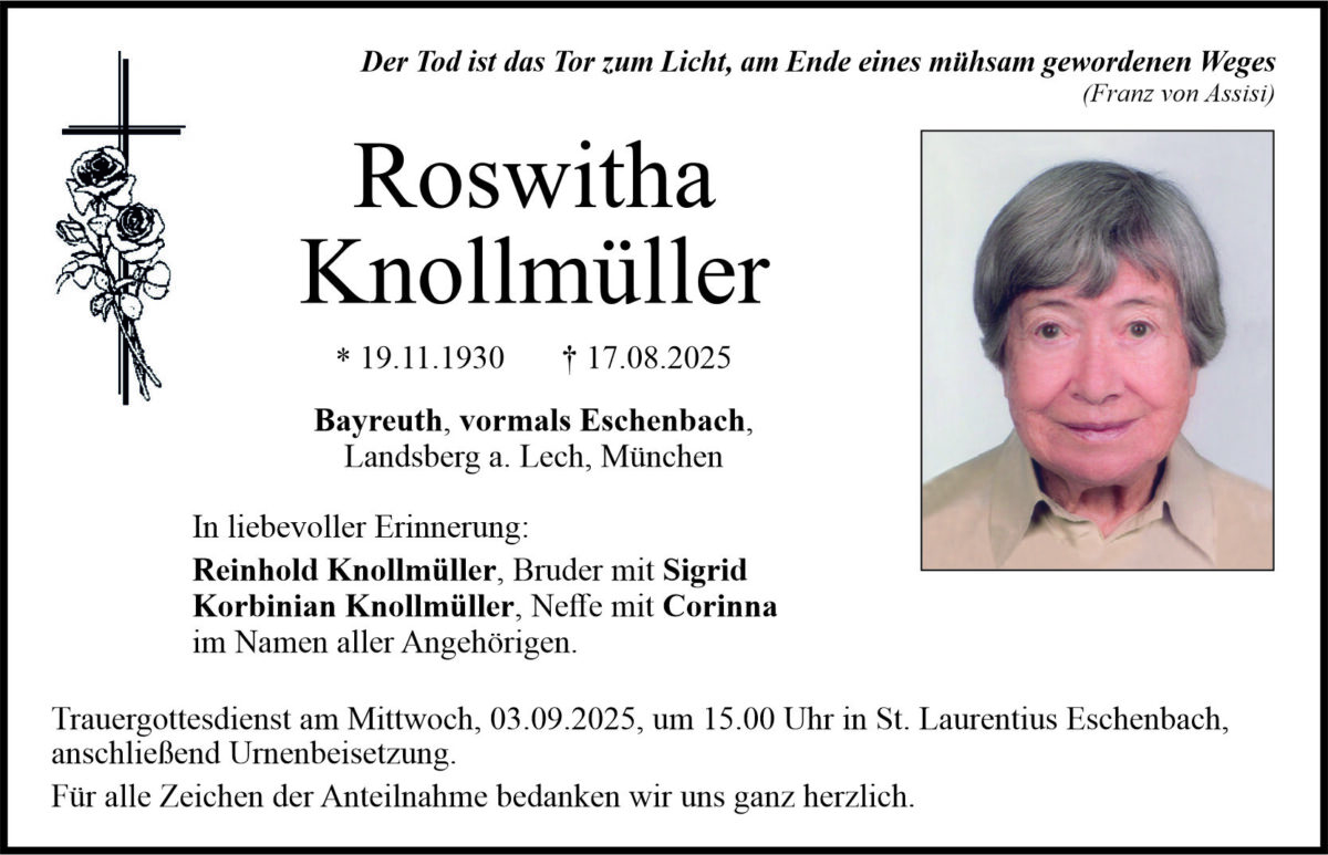 Traueranzeige Roswitha Knollmüller, Eschenbach – Bayreuth