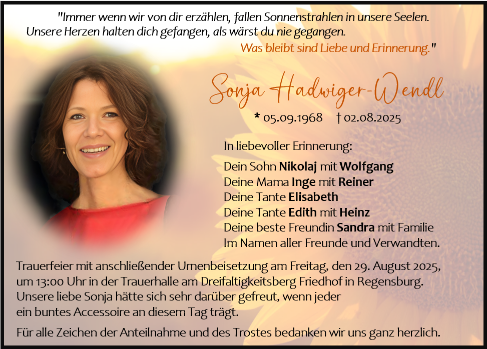 Traueranzeige Sonja Hadwiger-Wendl, Regensburg