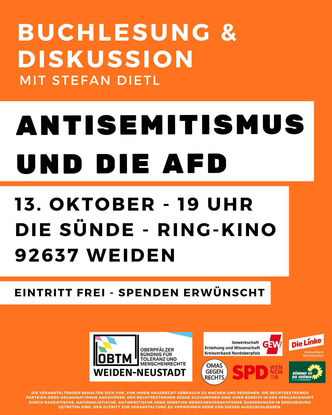 „Antisemitismus und die AfD“ – Buchvorstellung mit Stefan Dietl in Weiden