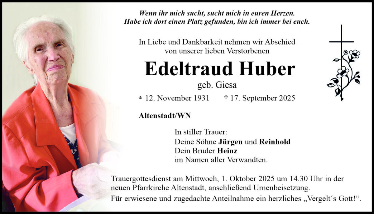 Traueranzeige Edeltraud Huber, Altenstadt/WN