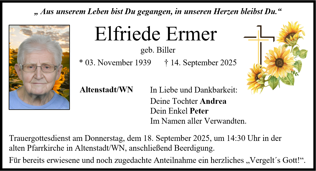 Traueranzeige Elfriede Ermer, Altenstadt/WN