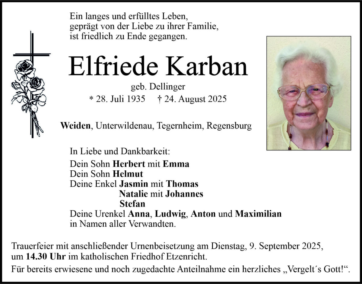 Traueranzeige Elfriede Karban, Weiden