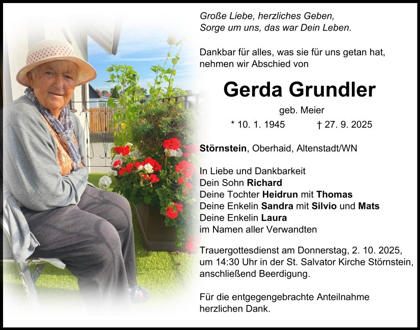 Traueranzeige Gerda Grundler, Störnstein