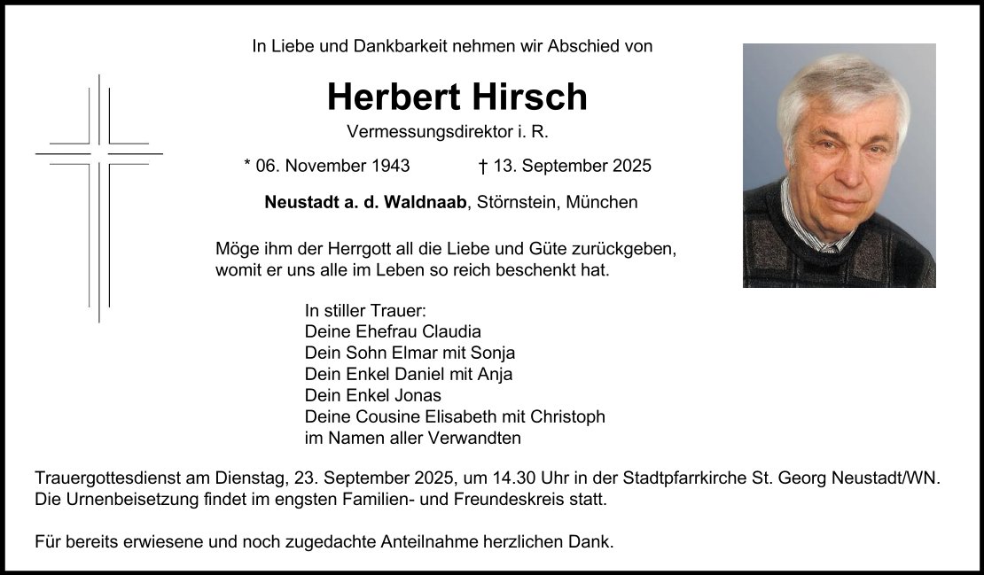 Traueranzeige Herbert Hirsch, Neustadt/WN