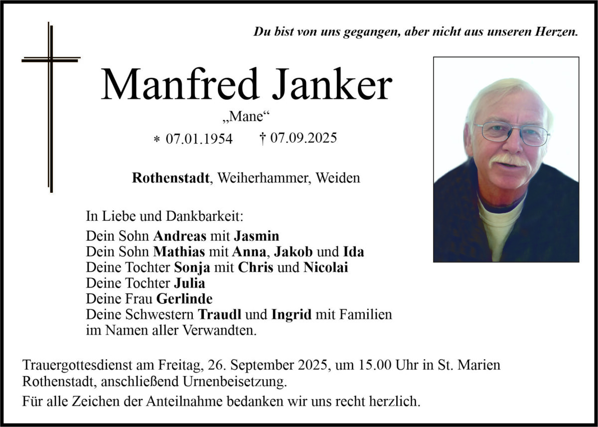 Traueranzeige Manfred Janker, Rothenstadt