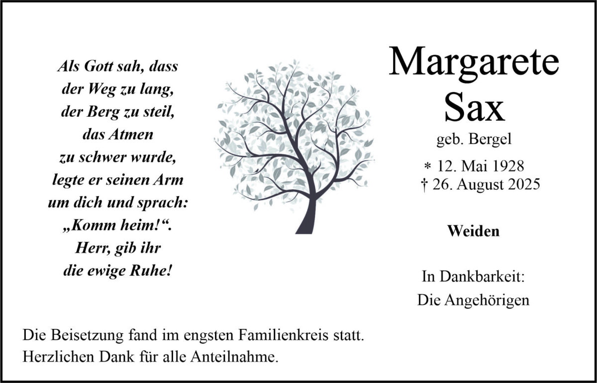 Traueranzeige Margarete Sax, Weiden