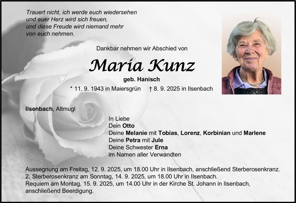 Traueranzeige Maria Kunz, Ilsenbach