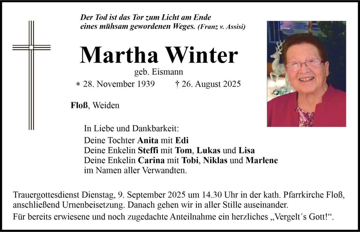 Traueranzeige Martha Winter, Floß