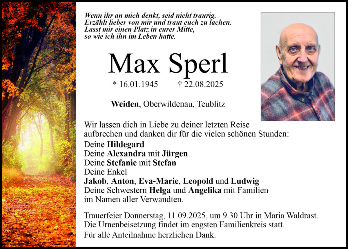 Traueranzeige Max Sperl, Weiden