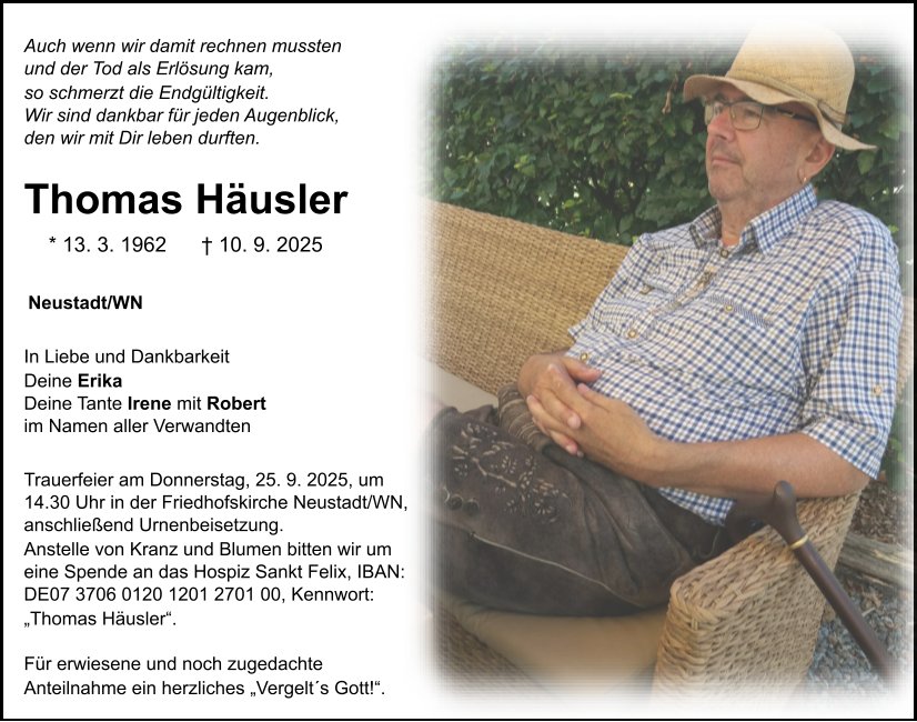 Traueranzeige Thomas Häusler, Neustadt/WN
