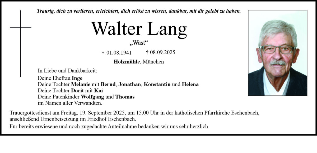 Traueranzeige Walter Lang, Holzmühle