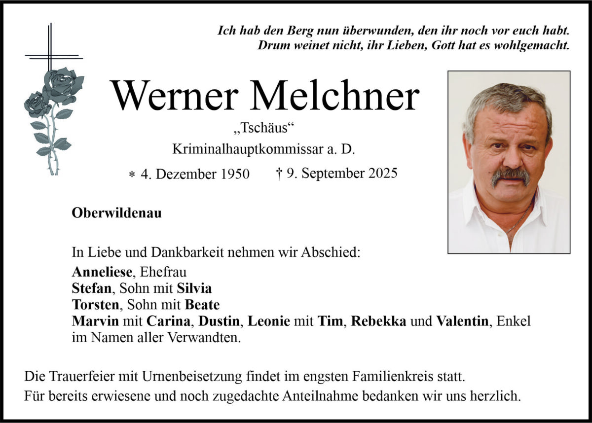 Traueranzeige Werner Melchner, Oberwildenau